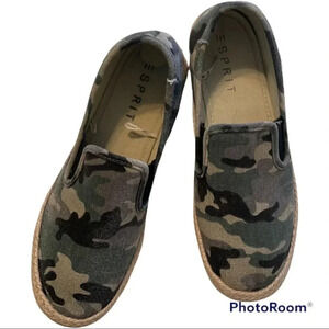 Esprit Nadeen Camo Slip-on Shoe Jute Edging Rubber Sole Textile Upper Flat 7.5